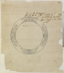 Diseño para una gran esfera de reloj de esmalte, de notas y dibujos mecánicos compilados por John Harrison (1693-1776) y su hijo William (c.1726-72)